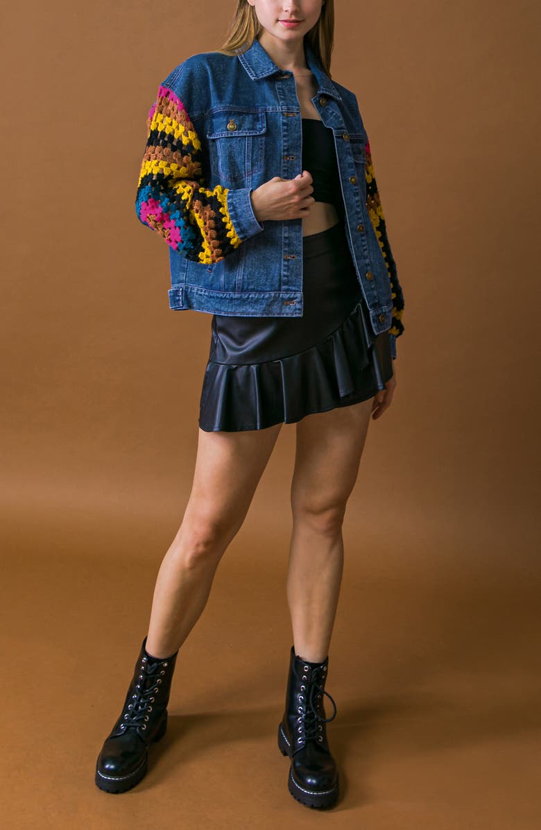 FLYING TOMATO Crochet Trim Denim Jacket, Alternate, color, Medium Indigo