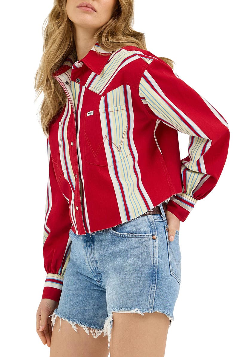 Wrangler Heritage Stripe Cutoff Denim Western Shirt, Main, color, Chili Stripe