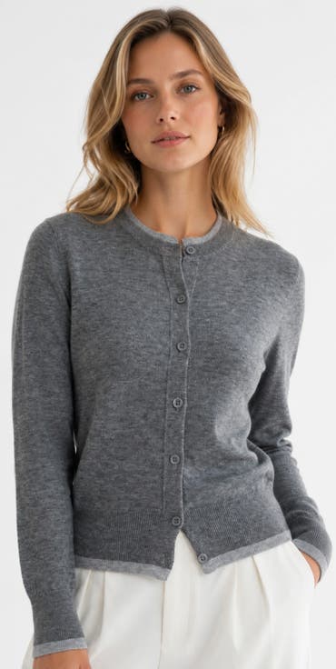 Wool Blend Contrast Trim Button Cardigan