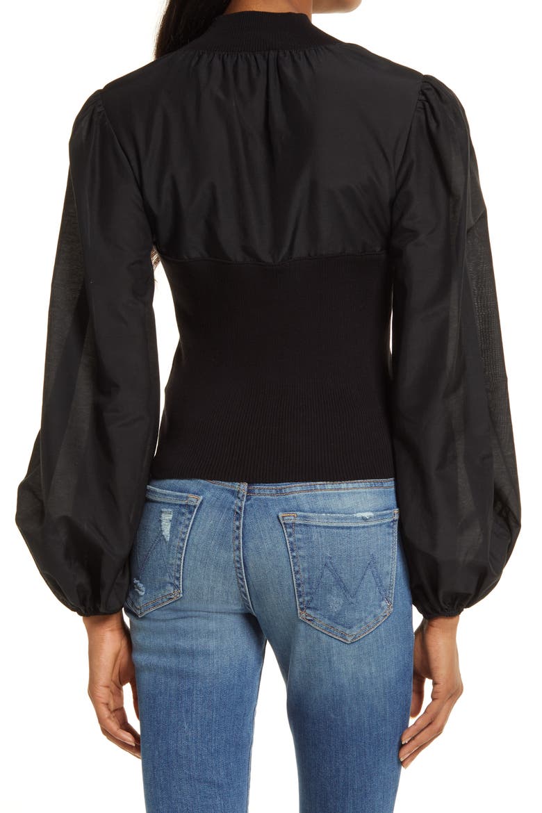 Cleo Mixed Media Balloon Sleeve Cotton Blend Blouse, Alternate, color, BLACK