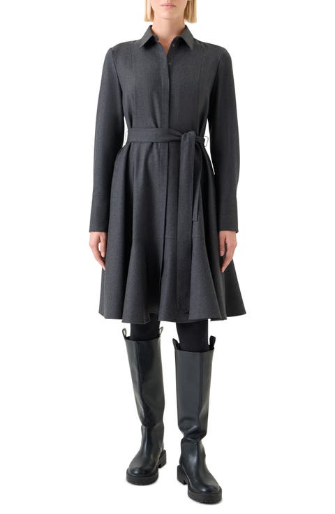 Long Sleeve Belted Virgin Wool Flannel Shirtdress