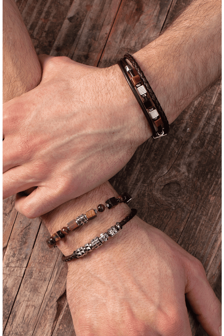 Brown Leather Bracelet With Stainless Steel Spikes Cubes, Alternate, color, Silver