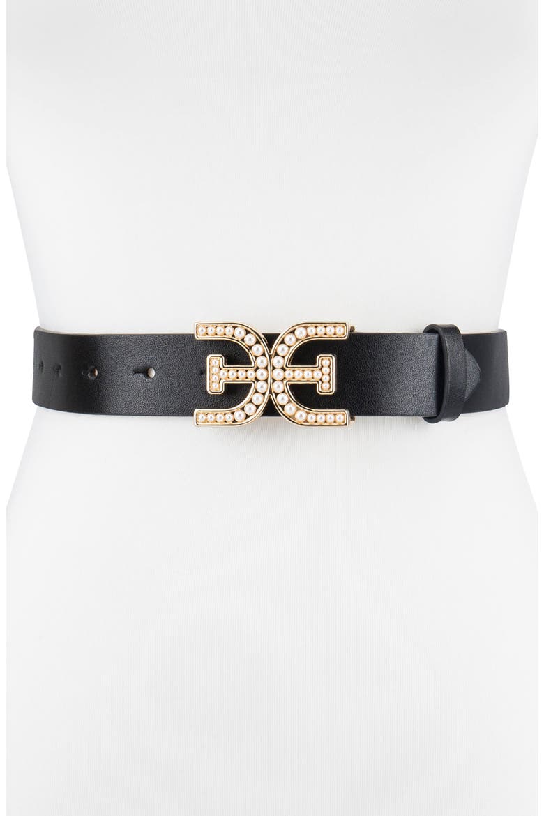 Imitation Pearl Logo Plaque Belt, Main, color, BLACK