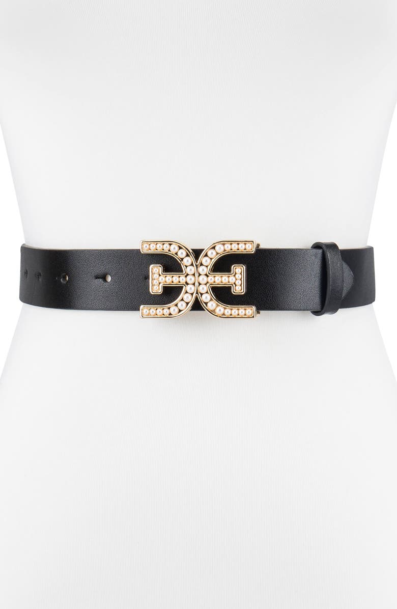 Sam Edelman Imitation Pearl Logo Plaque Belt, Main, color, Black