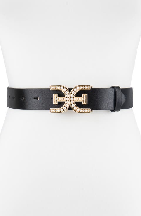 Imitation Pearl Logo Plaque Belt
