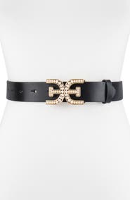 Sam Edelman Imitation Pearl Logo Plaque Belt