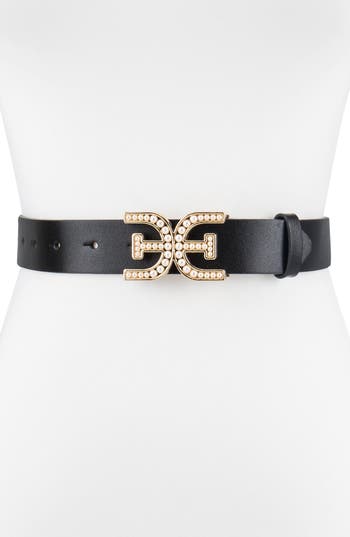 Sam Edelman Imitation Pearl Logo Plaque Belt In Black