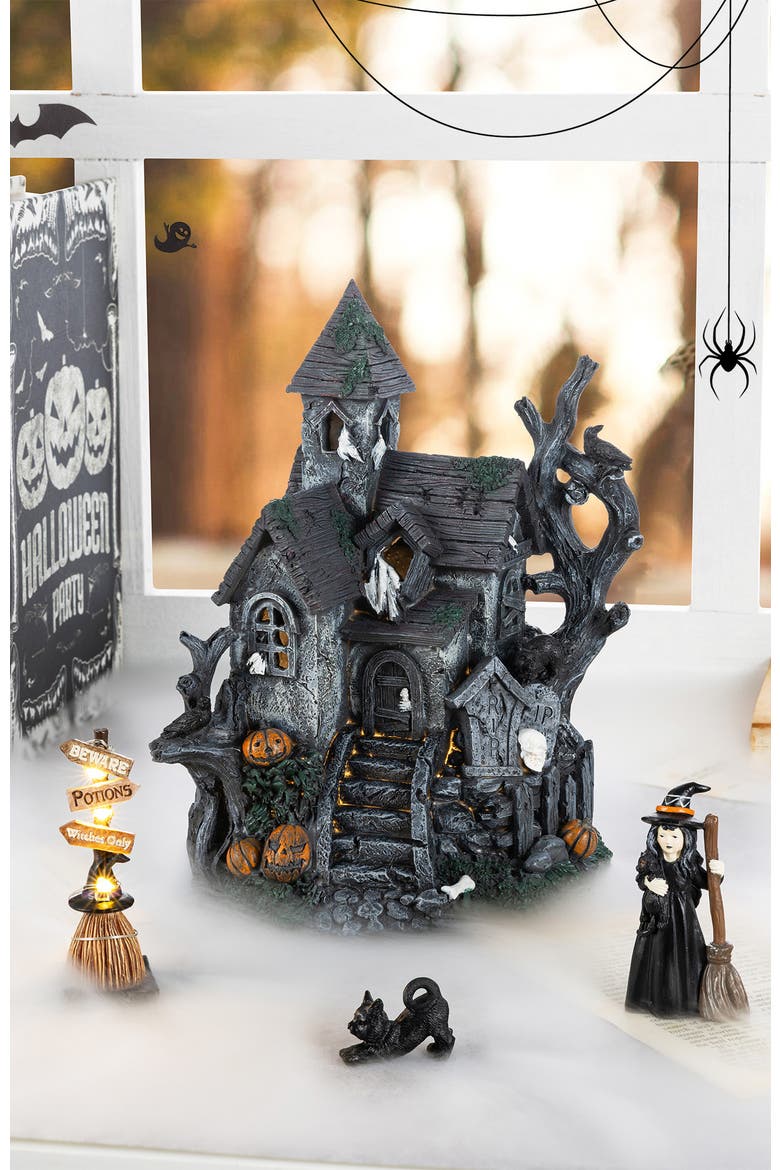 Set of 4 Halloween Lighted Resin Haunted House with Timer, Alternate, color, Black