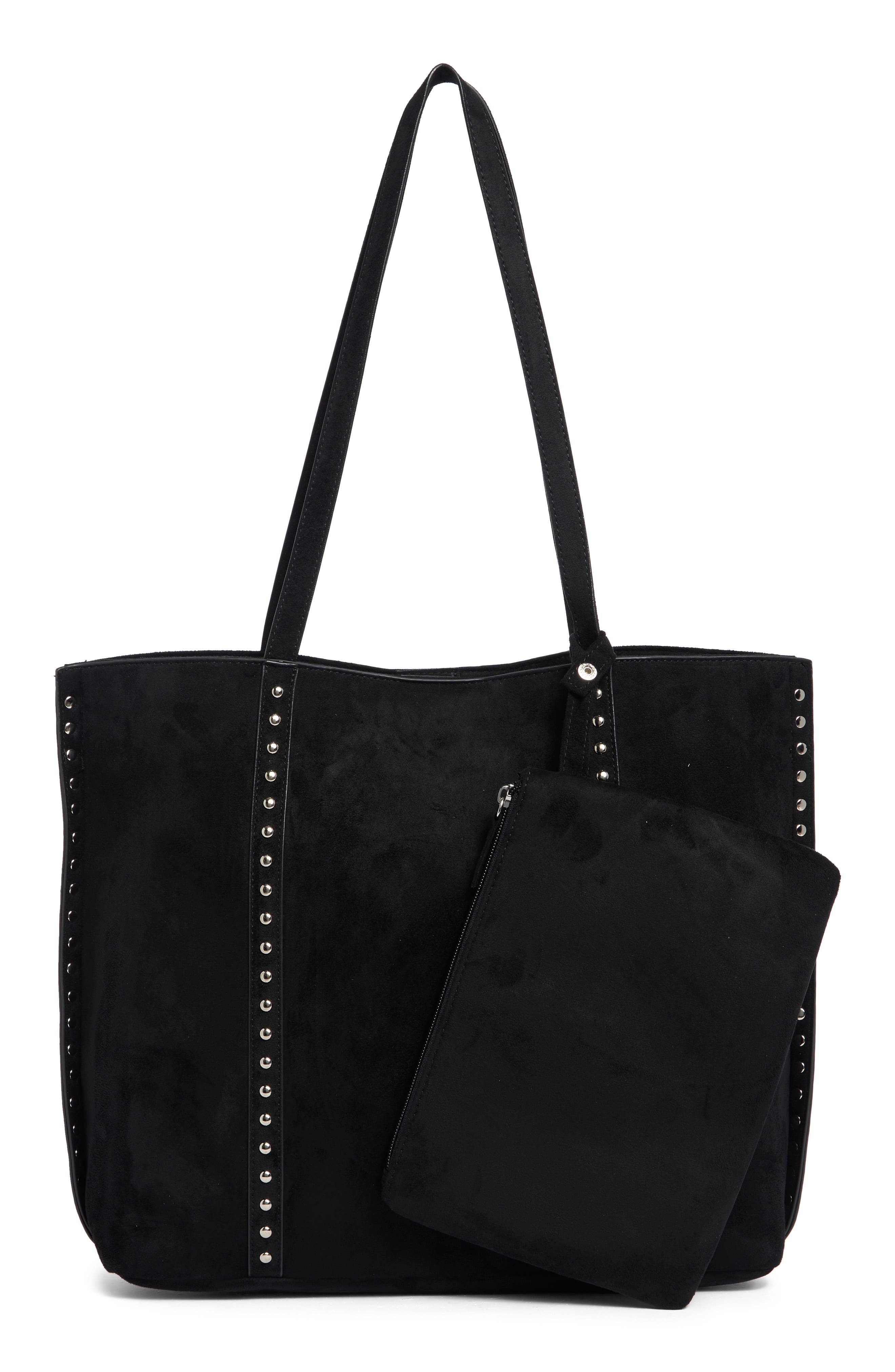 Faux Suede Tote with Pouch, Alternate, color, BLACK