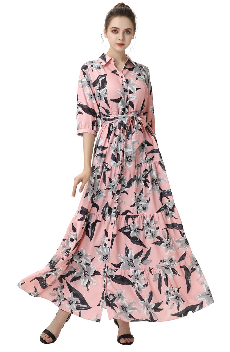 Kimi and Kai Cora Floral Belted Maternity/Nursing Maxi Dress, Alternate, color, Pink