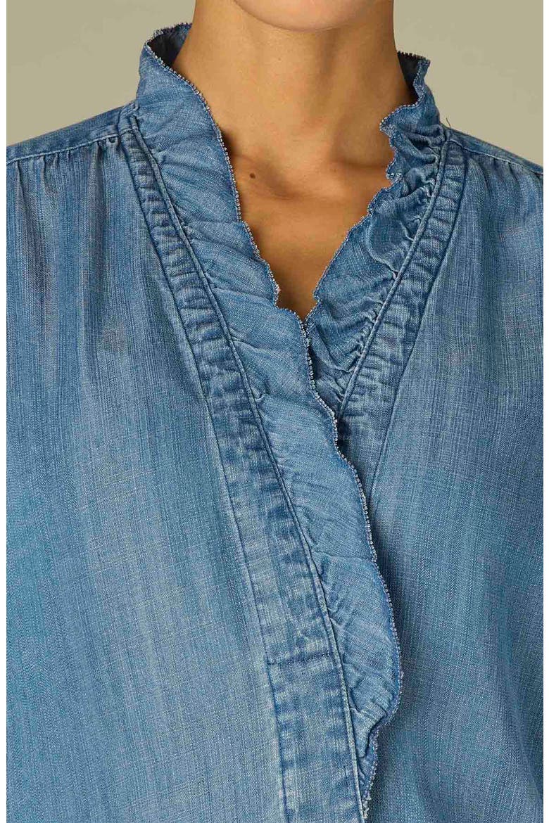 Ruffle Neck Lyocell Chambray Shirt, Alternate, color, MID BLUE
