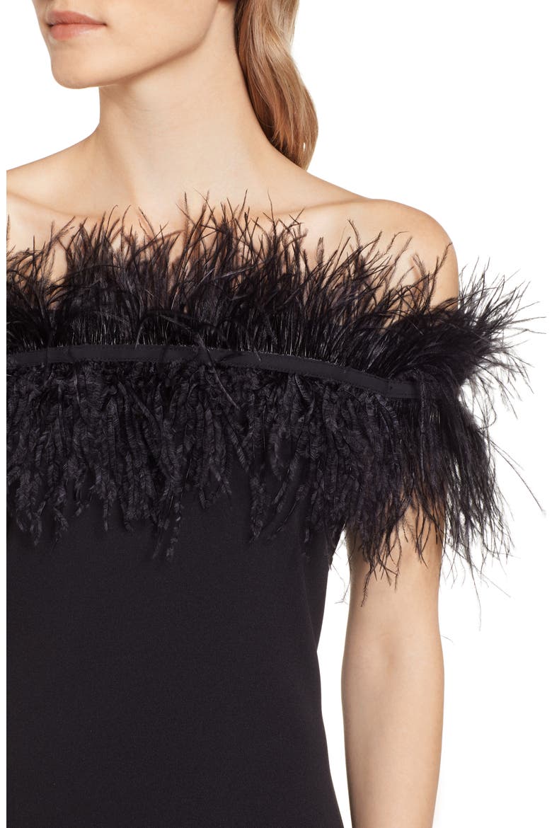 Feather Trim Off the Shoulder Dress, Alternate, color, RICH BLACK