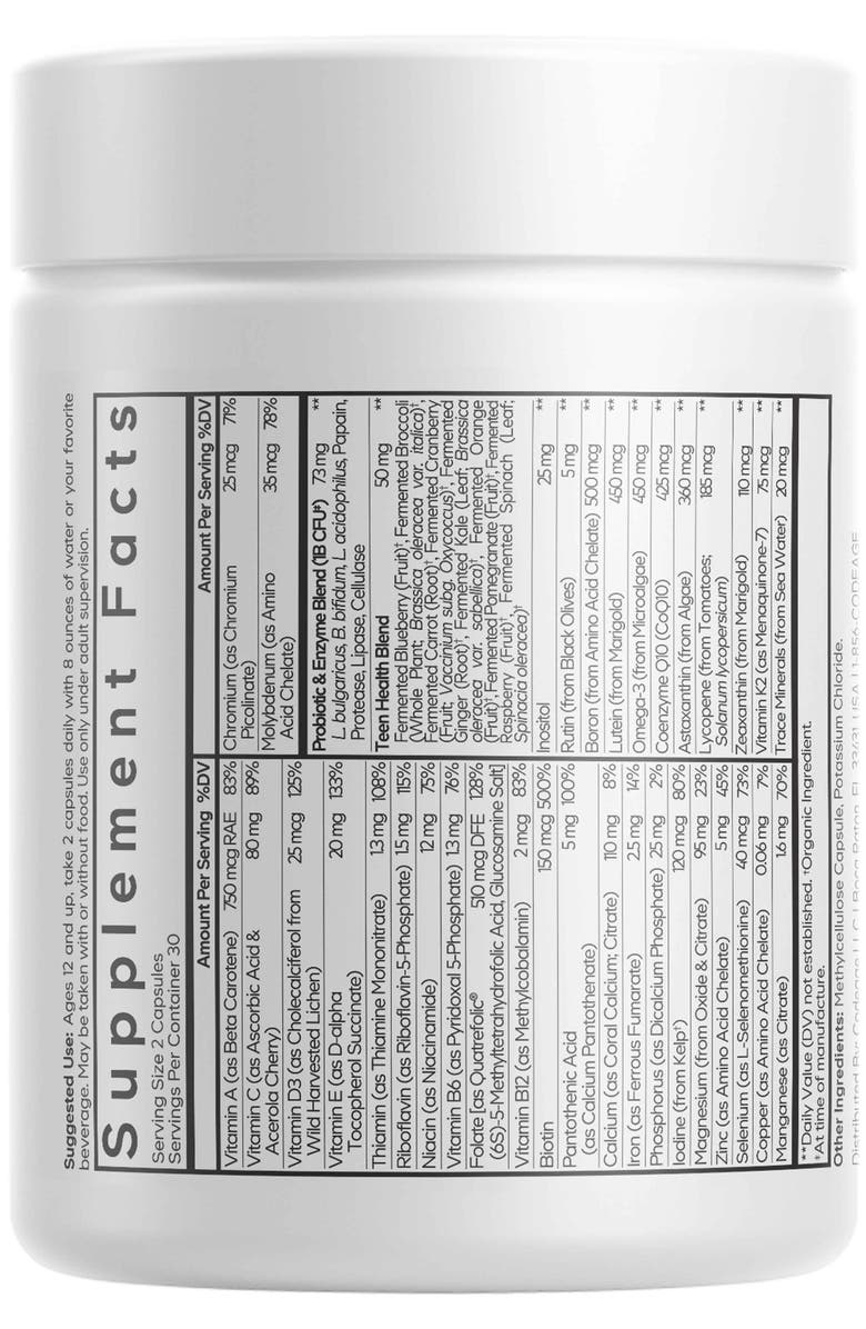 Codeage Daily Teen Multivitamins + Minerals & Probiotics Supplement, Alternate, color, White