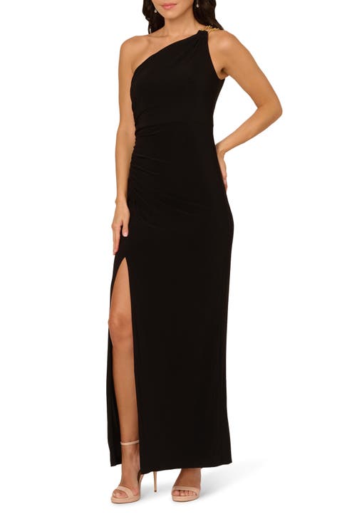 One-Shoulder Chain Strap Jersey Column Gown