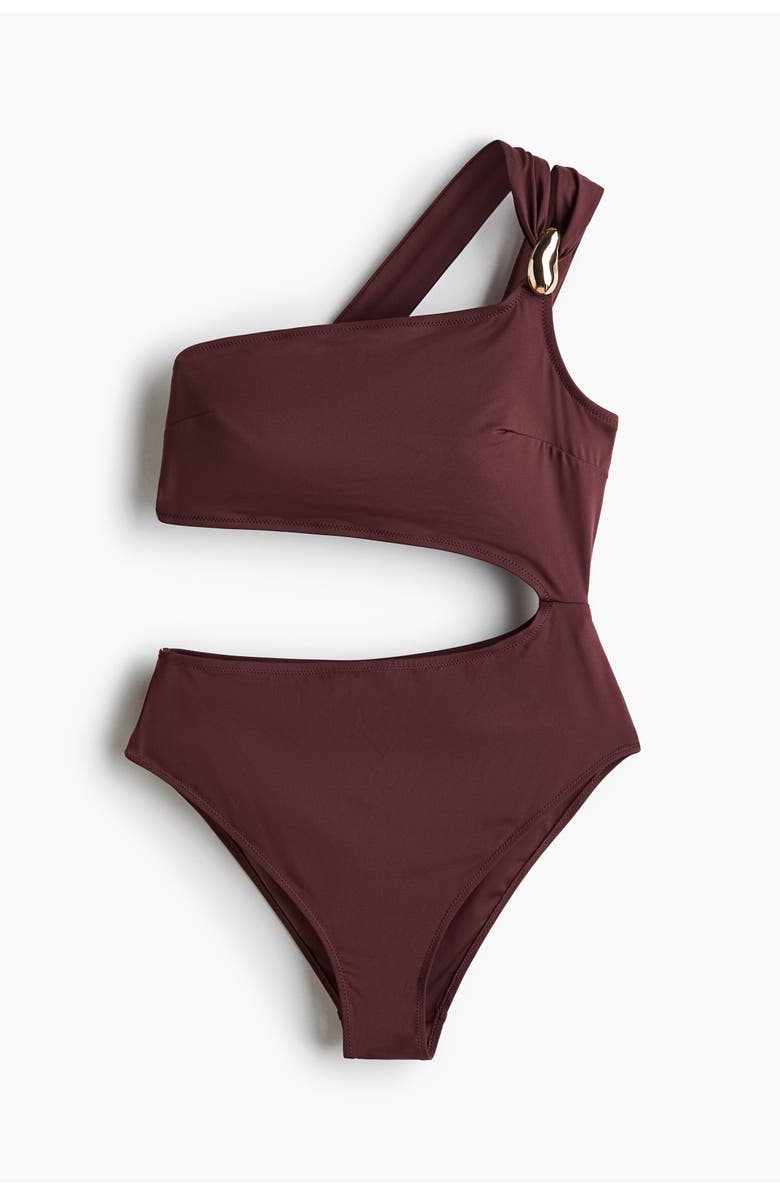 H&M Padded-cup One-shoulder Swimsuit, Main, color, Dark Brown