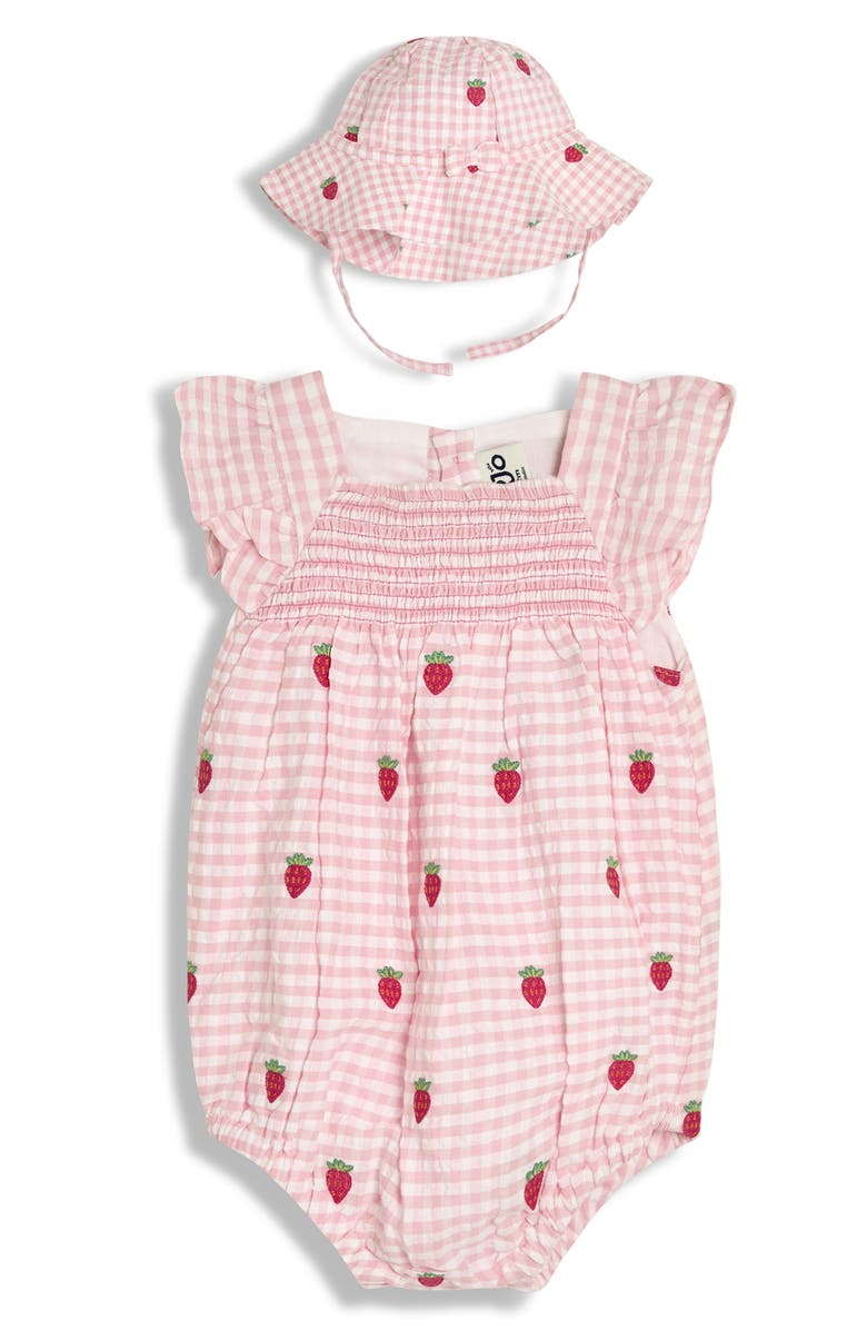 JOJO MAMAN BEBE Gingham Check Strawberry Embroidered Romper & Sun Hat Set, Main, color,