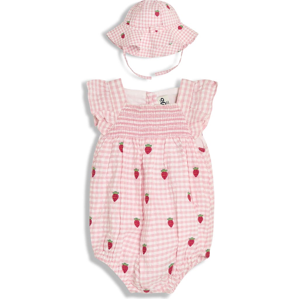 Jojo Maman Bébé Jojo Maman Bebe Gingham Check Strawberry Embroidered Romper & Sun Hat Set In Pink