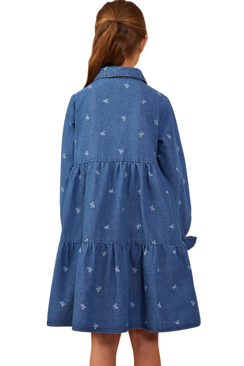 Kids' Bow Print Denim Tiered Shirtdress, Alternate, color, MID DENIM