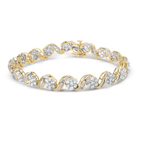 10k Yellow Gold 5.00 Cttw and Baguette-Cut Diamond Floral Link 7.25" Bracelet