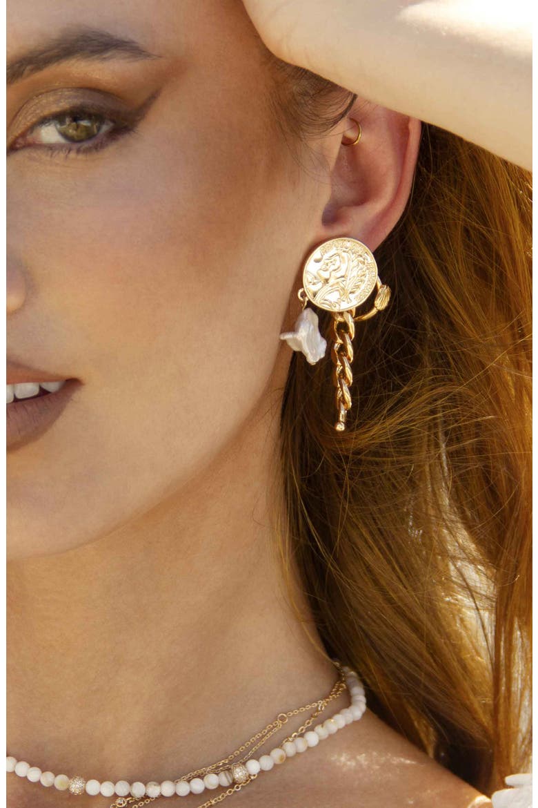 Coin Freshwater Pearl Drop Earrings, Alternate, color, GOLD