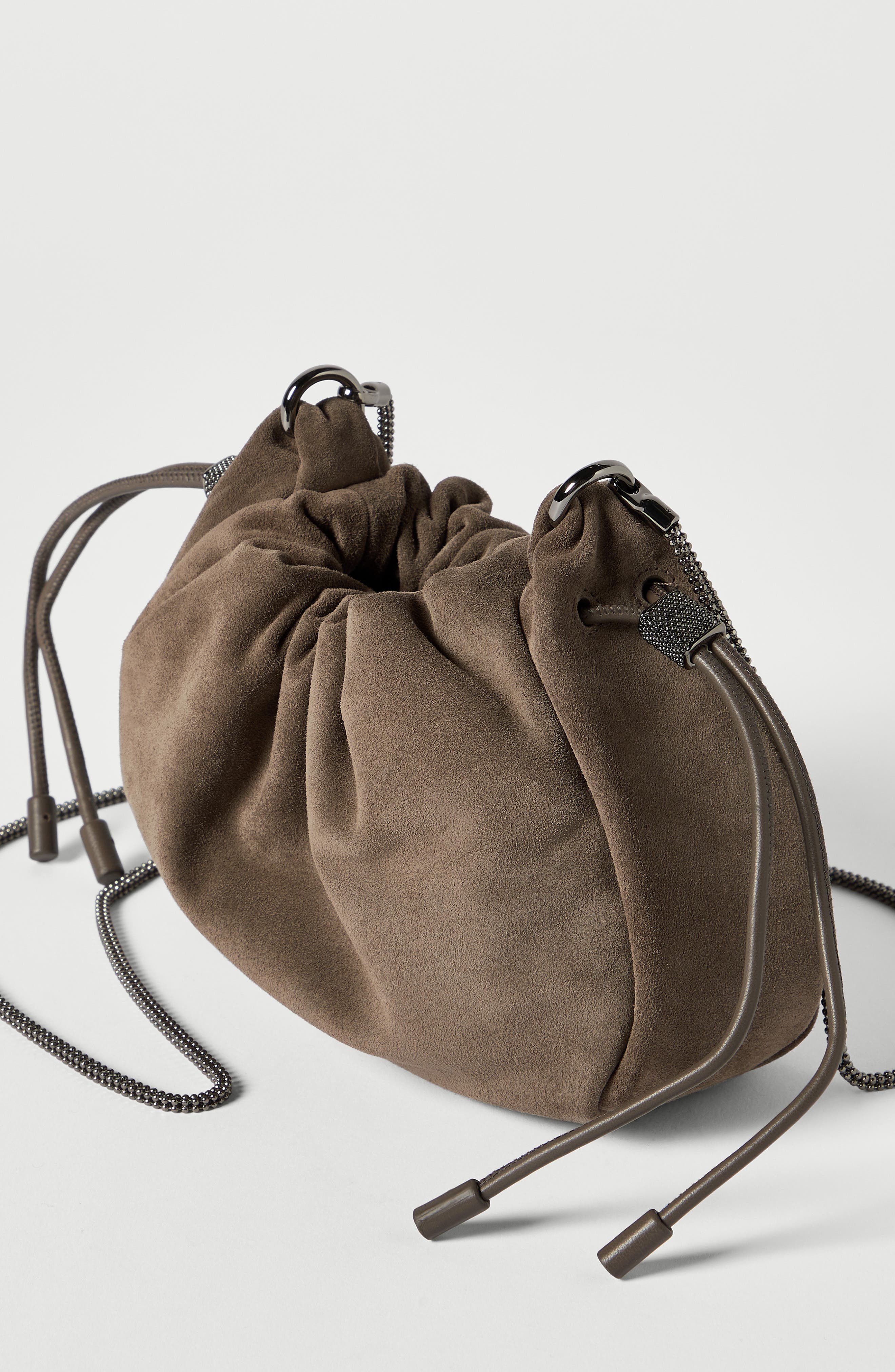 Mellow mini bucket bag in suede with precious chain, Alternate, color, Light Brown