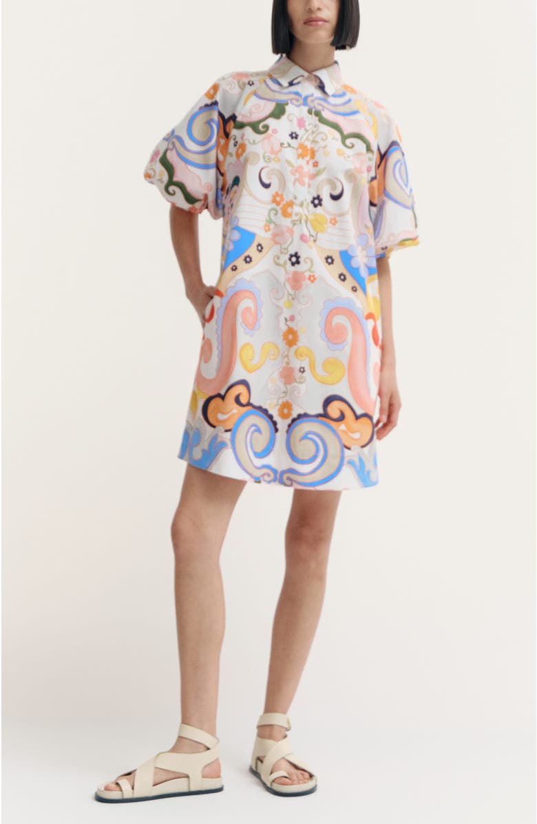 De Loreta Este Puff Sleeve Cotton Mini Shirtdress, Main, color, Rambutan Print