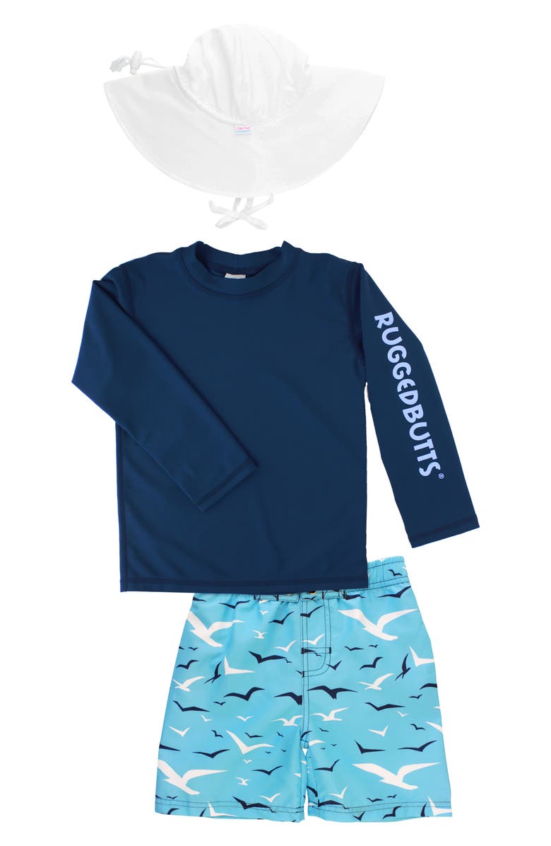 RuggedButts Seagull Rashguard, Board Shorts & Floppy Hat Set, Main, color, 