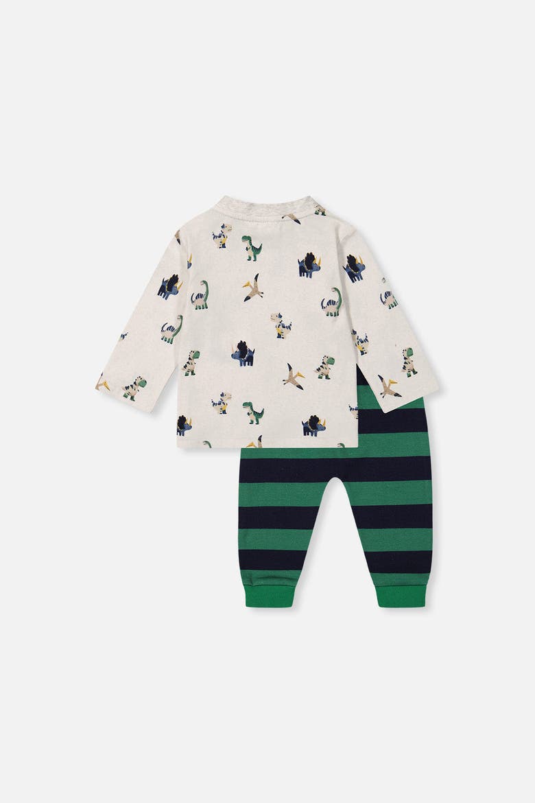 Dinosaur Long Sleeve T-Shirt & Striped Fleece Pants Set, Alternate, color, Beige Dinosaur Print
