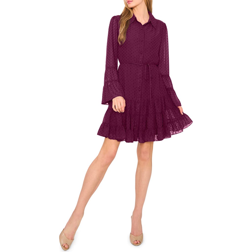 Cece Metallic Clip Dot Long Sleeve Tiered Dress In Purple