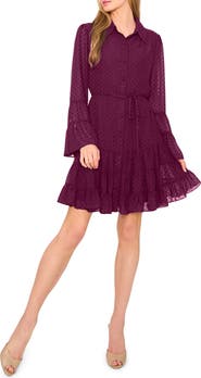 CeCe Metallic Clip Dot Long Sleeve Tiered Dress