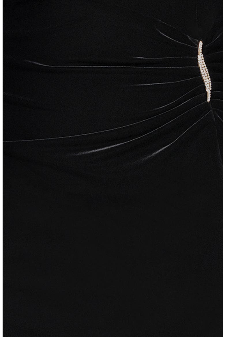 Off the Shoulder Long Sleeve Stretch Velvet Mermaid Gown, Alternate, color, BLACK