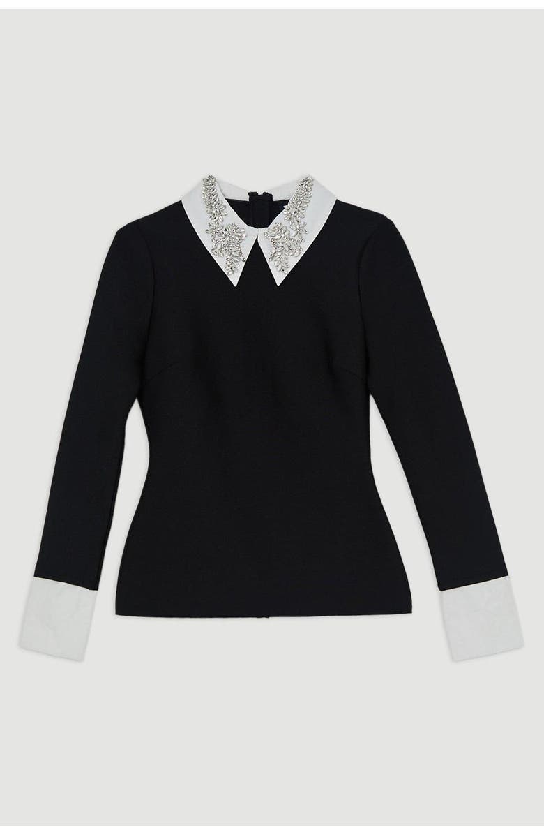 Karen Millen Bandage Embellished Collar Knit Top, Alternate, color, Black