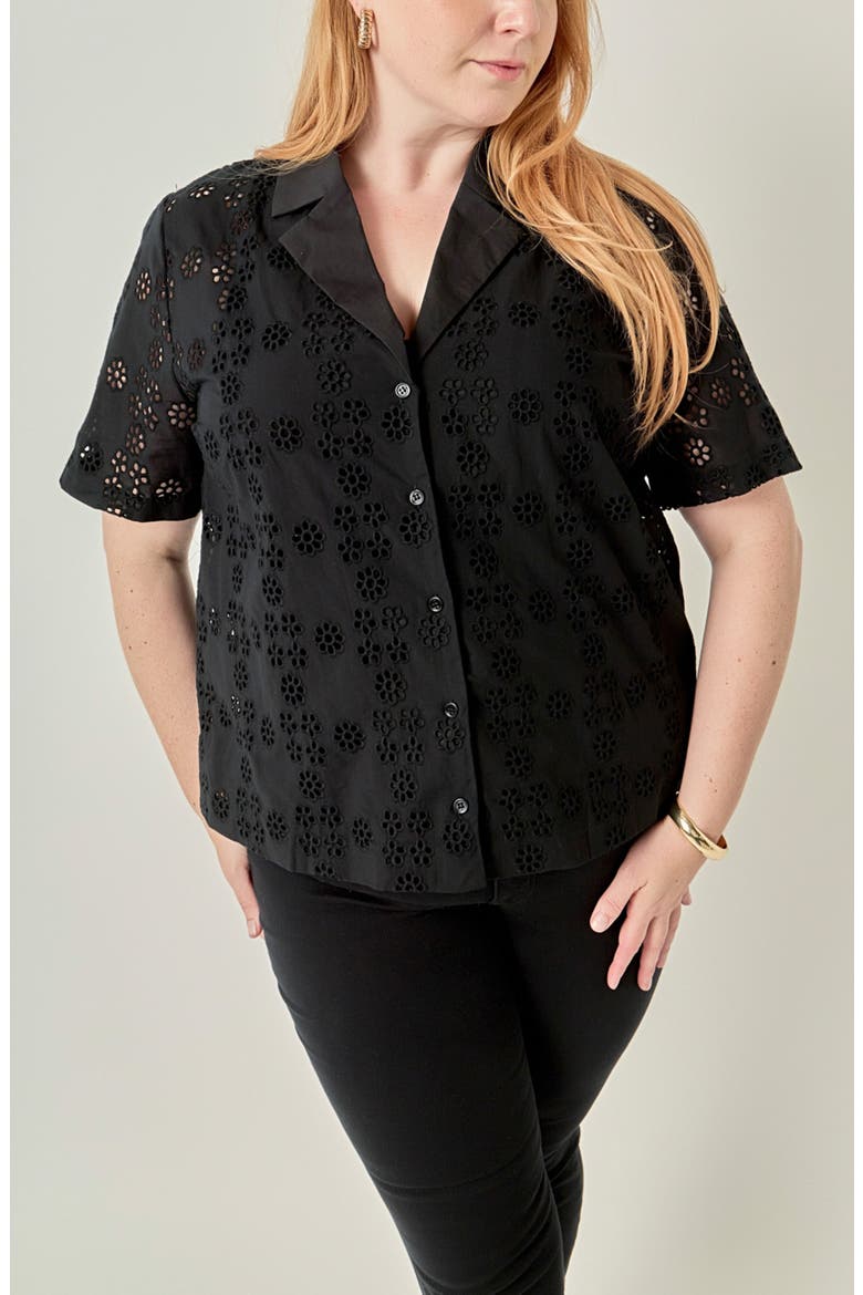Embroidered Eyelet Cotton Camp Shirt, Alternate, color, BLACK