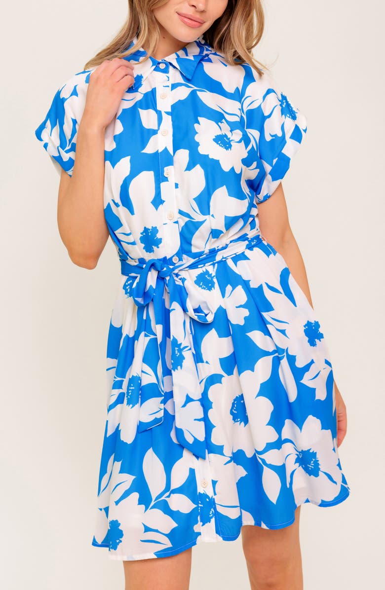 FLYING TOMATO Tie Waist Button-Up Minidress, Alternate, color, Blue/ Ivory