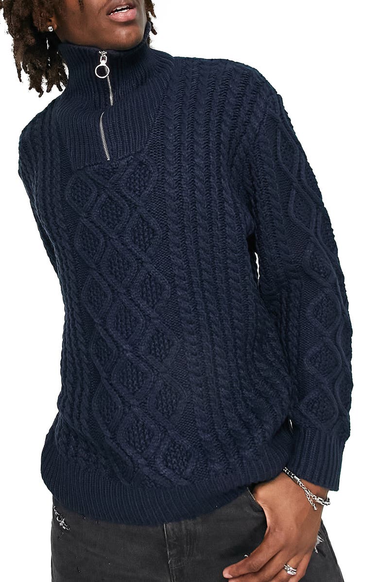 Topman Cable Stitch Quarter Zip Sweater, Main, color,