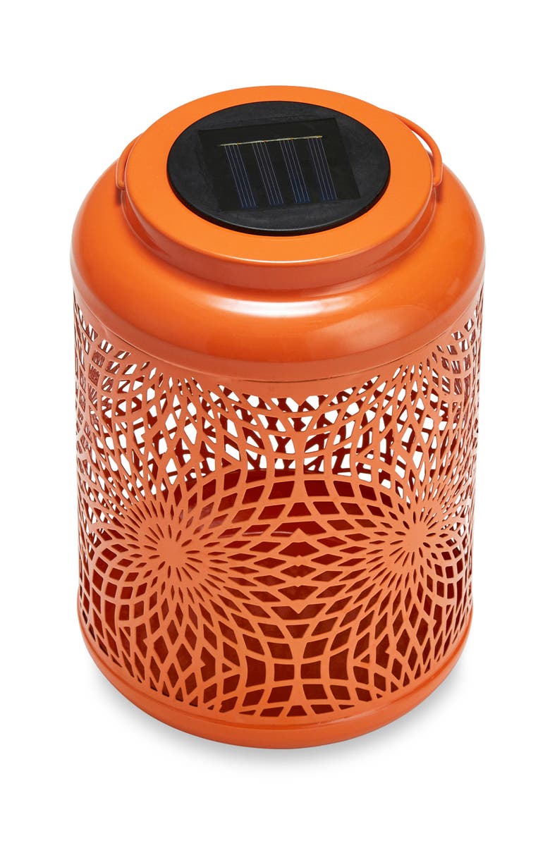 Glitzhome Metal Cutout Scrollwork Solar Powered Outdoor Hanging Lantern with LED Light, Alternate, color, Orange