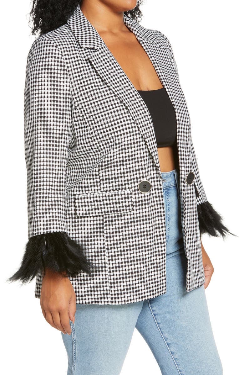 River Island Feather Cuff Check Double Breasted Blazer, Alternate, color,