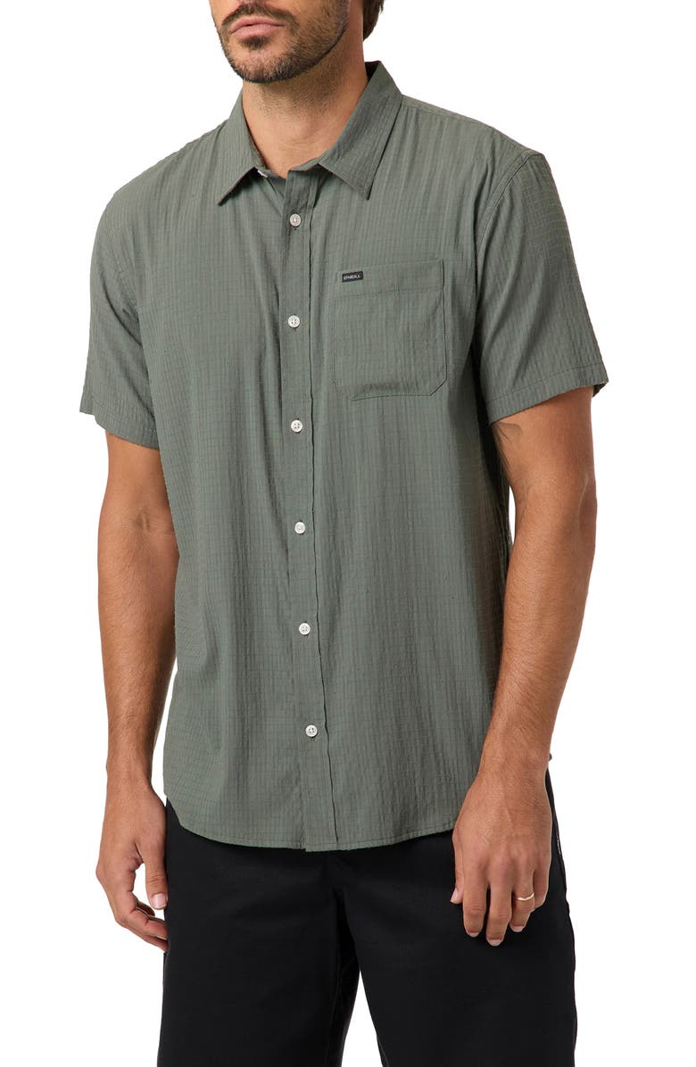 O'Neill Standard Fit TRVLR Perforated Short Sleeve Performance Button-Up Shirt, Main, color, Dark Olive