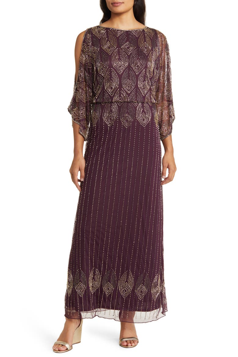 Beaded Cold Shoulder Cocktail Dress, Main, color, WINE