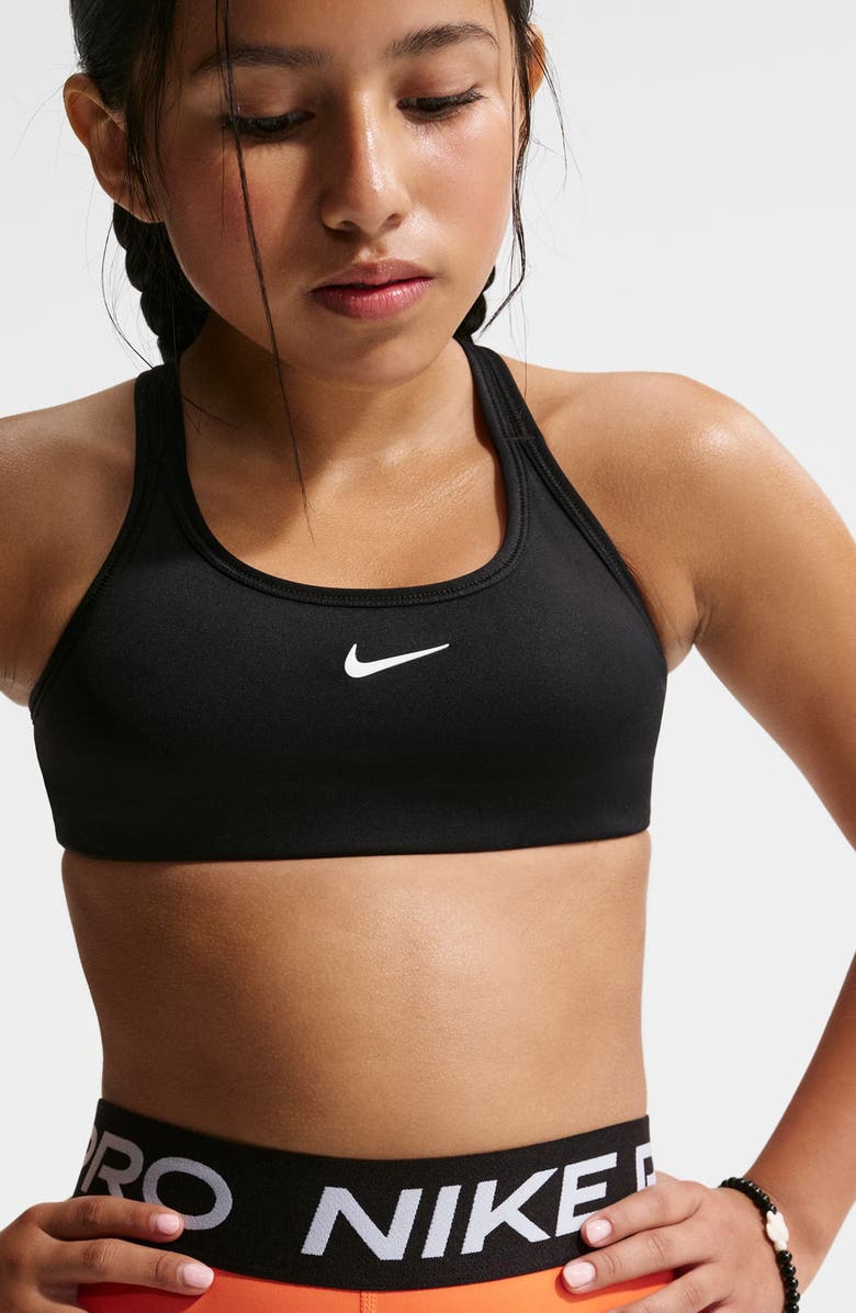 Nike Kids' Pro Swoosh Racerback Sports Bra, Main, color, Black/ Black/ White