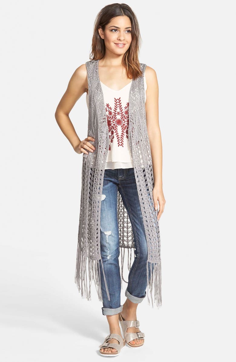 Sun & Shadow Open Stitch Fringe Vest, Main, color, 