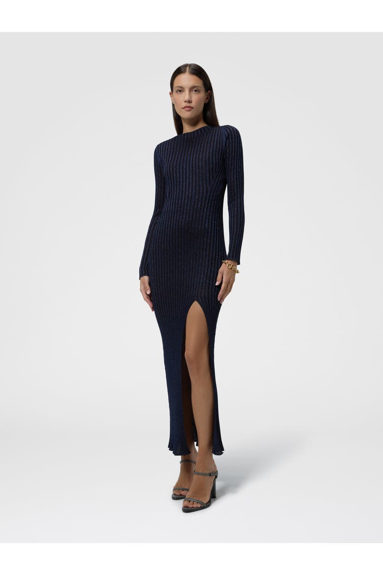 Ribbed Long Dress With Slit, Alternate, color, Navy Blue