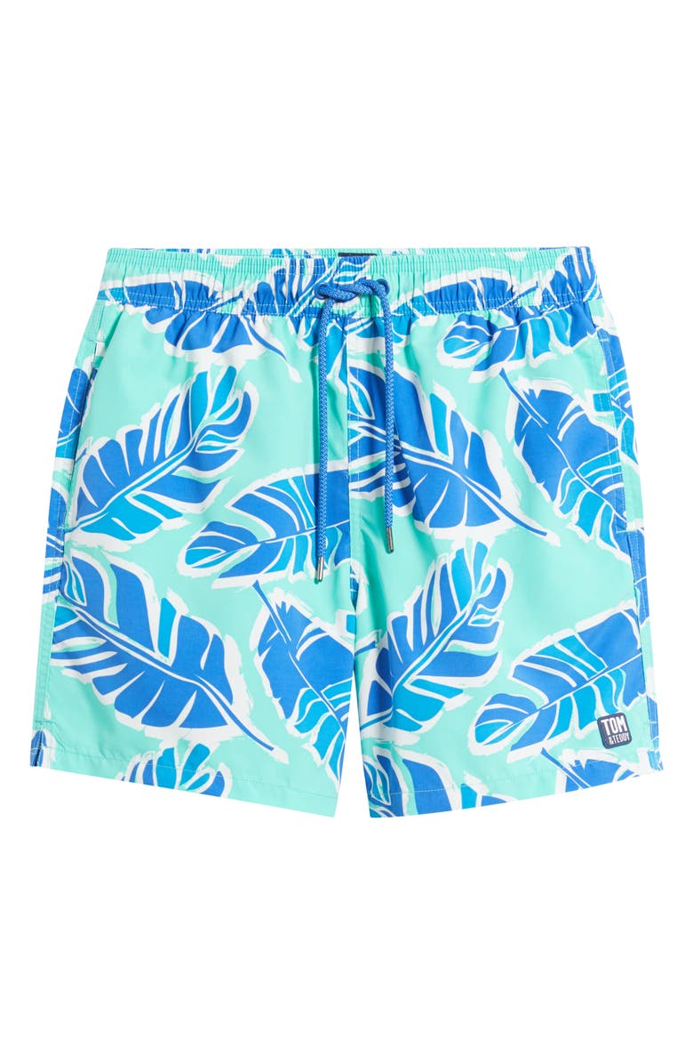 Tom & Teddy Palm Leaf Print Swim Trunks, Alternate, color, Green Blue