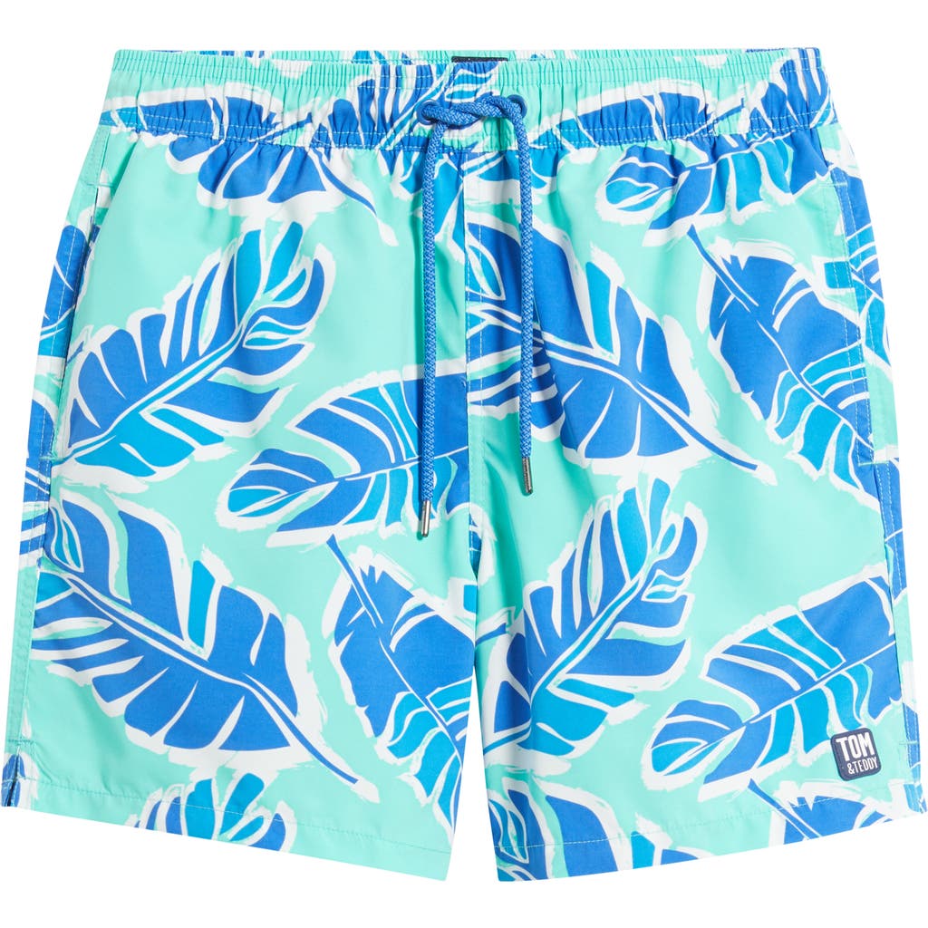 Tom & Teddy Palm Leaf Print Swim Trunks In Green Blue