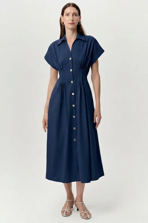 Reilly Shirt Collar Elastic Waist Midi Dress