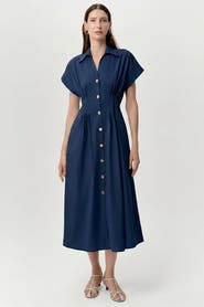 Exquise Reilly Shirt Collar Elastic Waist Midi Dress