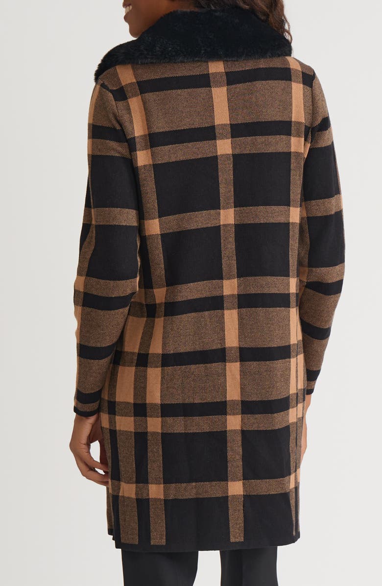 KASPER Plaid Coat with Faux Fur Collar, Alternate, color, Black/ Dark Camel