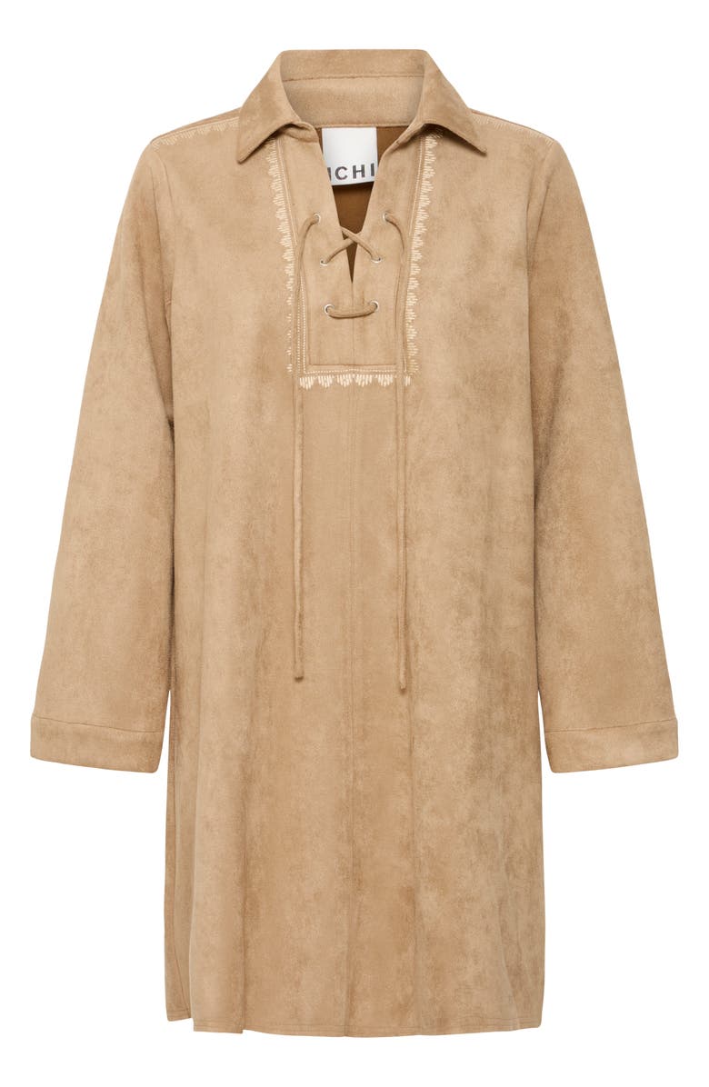 ICHI Faux Suede Long Sleeve Shirtdress, Main, color, Travertine