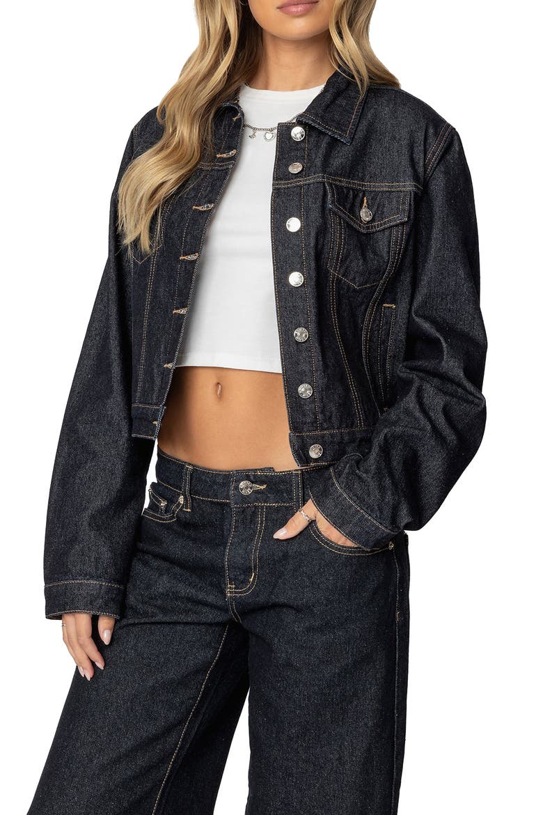 Barb Crop Denim Trucker Jacket, Main, color, INDIGO-BLUE-RAW-WASH