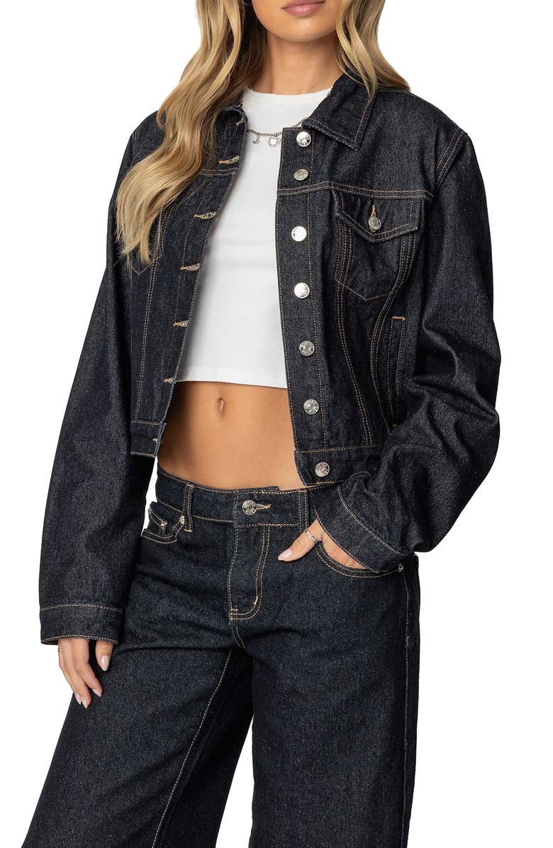 EDIKTED Barb Crop Denim Trucker Jacket, Main, color, Indigo-Blue-Raw-Wash